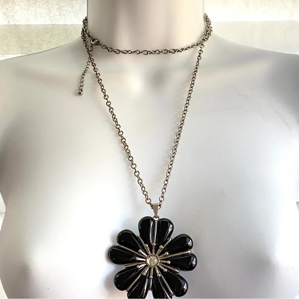 Long Silver and Black Floral Necklace Pendant
